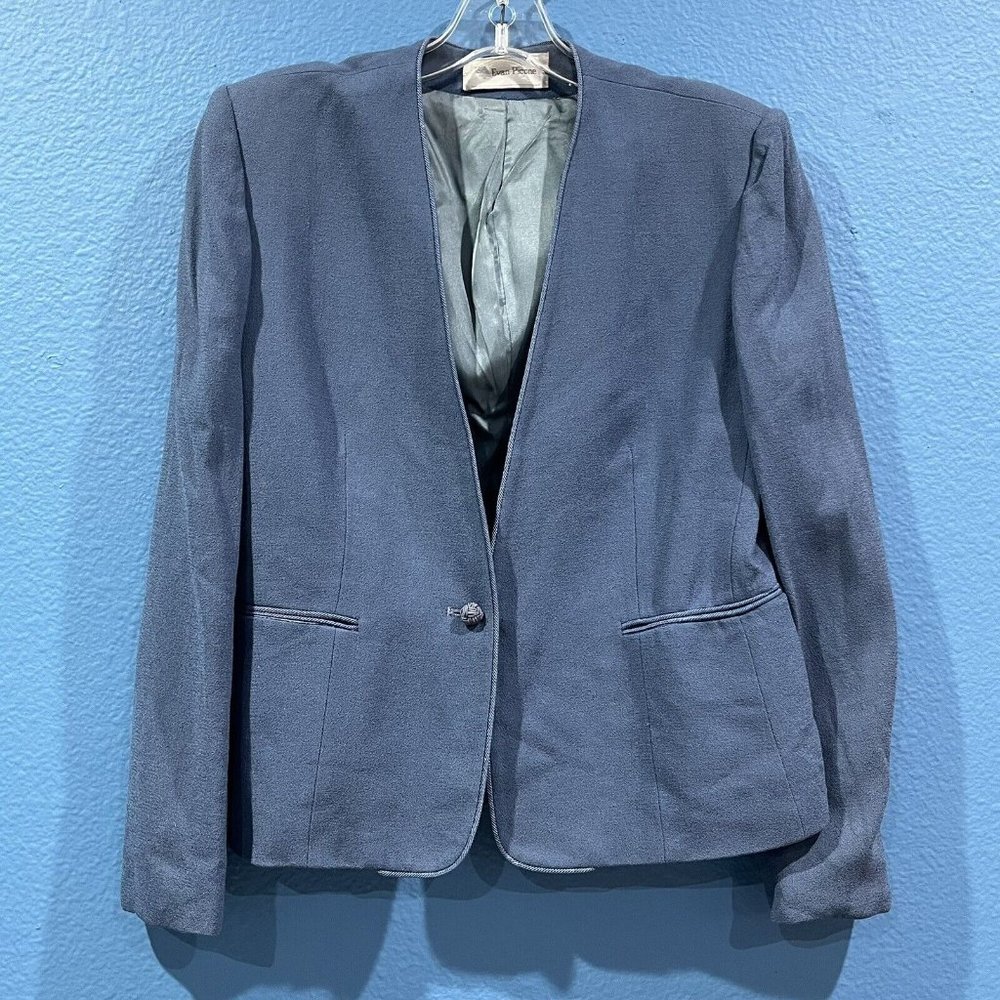 Vintage 80s I Magnin Evan Picone Blue Pure Wool Blazer With Trim Women XS/Small